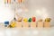 Concept of of jewish religious holiday hanukkah with hanukkah chandellier menorah wooden spinning top toys dreidel, cubes to