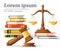 Concept justice in cartoon style. Justice scales and wooden judge gavel. Law hammer sign with books of laws. Legal law and auction