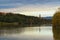 Concept of landscape and nature. Autumn morning view of River Drava during sunrise. Bridge named Studenska brv over river