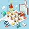 The concept of learning, read books in the library, classroom isometric flat design