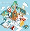 The concept of learning, read books in the library, tree of knowledge, isometric flat design vector