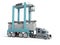 Concept of loading cargo container with blue crane on truck 3d render on white background with shadow