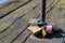 Concept of love, fidelity, . Padlocks on the railing of an ancient wooden bridge of a European city