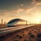 Concept of magnetic levitation train moving on the skyway across desert. Modern transport