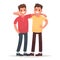 Concept of male friendship. Two guys hug. Vector illustration in