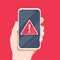 Concept of malware notification or error in mobile phone. Red alert warning of spam data, insecure connection