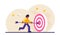 Concept of market goal achievement, financial aim. Character, office worker or clerk poking center of shooting target