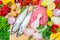 Concept of mediterranena diet with fish,meat and vegetables
