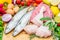 A concept of mediterranena diet with fish,meat and vegetables