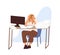 Concept of missing deadline and bad time management. Scene of tired, fatigue, stressed woman who clutch head sitting at