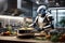 A concept of a modern futuristic robot preparing food like a chef