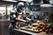 A concept of a modern futuristic robot preparing food like a chef