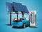 Concept modern refueling with solar panels for electric cars back view 3d render on blue background with shadow