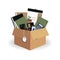 Concept of moving to new office. Cardboard brown box 3d with folders,wall calendar, pen,pencils, personal organizer,planner,