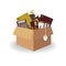 Concept of moving to new office. Cardboard brown box 3d with folders,wooden frame, pen,pencils, to do list,planner, envelope,