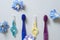 The concept of natural dental care. Flat lay. Blue and purple toothbrushes, blue and yellow interdental brushes