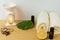 Concept of natural organic oils in cosmetology and aromatherapy. Aroma lamp, pendant aromatic, bottles with natural essential oils