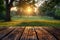 Concept Nature Walk, Outdoor Serenity at Dusk Wooden Table Overlooking a Sunlit Golf Course