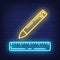 Concept neon pencil, wooden ruler triangle icon, writing pen and measuring utensils stuff for drawing flat line vector