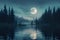 Concept Nighttime Photography, Nature Reflections, Relaxing Moon Glow Over Tranquil Forest Waters