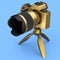 Concept of nonexistent gold DSLR camera with tripod isolated on blue.