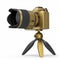 Concept of nonexistent gold DSLR camera with tripod isolated on white.