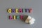 The concept of obesity. The inscription on a gray background obesity like sugar