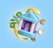 Concept of online bank transfers and payments toon bank office and bills with coins next of them 3d render illustration on blue