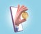 Concept of online bank transfers Smartphone with gold coin in hand 3d render illustration on blue background