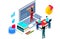 Concept online learn education, tiny character woman stand laptop man sitting book stack surf internet, 3d isometric