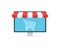 Concept online shopping, cart icon on monitor and storefront awning. Ecommerce, online shopping, e-commerce, internet