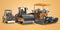 Concept paver large construction roller and small road roller 3d rendering on orange background with shadow