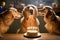 Concept of pet dog celebrating birthday with cake and candles, attended by friends. Created with Generative AI