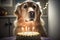 Concept of pet dog celebrating birthday with cake and candles. Created with Generative AI technology.
