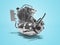 Concept petrol engine motorcycle two cylinder gear box 3d renderer on blue background with shadow