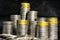 Concept photo.Coins close-up on the table. A lot of coins, selective focus.Front view of stacks of Euro coins.Simple and