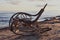 Concept photo: an old wicker chair illuminated by the warm rays of the setting sun against the backdrop of the sea, on the tide