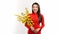 Concept picture of Elegant Lunar New Year background. Young Vietnamese Lady holding yellow flower on white background