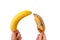 Concept of a potency. Compare of small and big penis. Woman hands holding two types of banana isolated on white background.