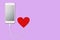 Concept of the power of love, on purple background  isolated Mobile smart phone with blank screen that is charging from red heart