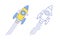 Concept of product development, project launching, startup. Colorful, monochrome flying spaceship, spacecraft, shuttle