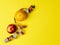 The concept of proper nutrition. Juicy fruit, Apple and orange wrapped measuring tape on a bright background.