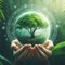 Concept protecting globe of green tree on tropical background.