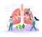 The concept of Pulmanology. Human lungs with tiny healthcare characters. Examination and treatment of respiratory organs. Checking