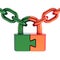 Concept puzzle lock padlock closed with chain green orange parts