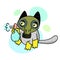 Concept of quarantine. Cartoon cat in gas mask and holds disinfector.