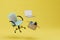 the concept of quit. a work chair, a laptop and a box of things flying on a yellow background. 3D render