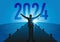 Concept of a rebirth of the economy, with an optimistic man opening his arms to welcome the year 2024.