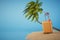 the concept of recreation. an island with sand, palm trees, luggage against the background of the blue sea. 3D render