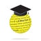 Concept of remote learning. Remote learning concept in word tag cloud on yellow sphere . Yellow sphere in an academic cap. E-lear